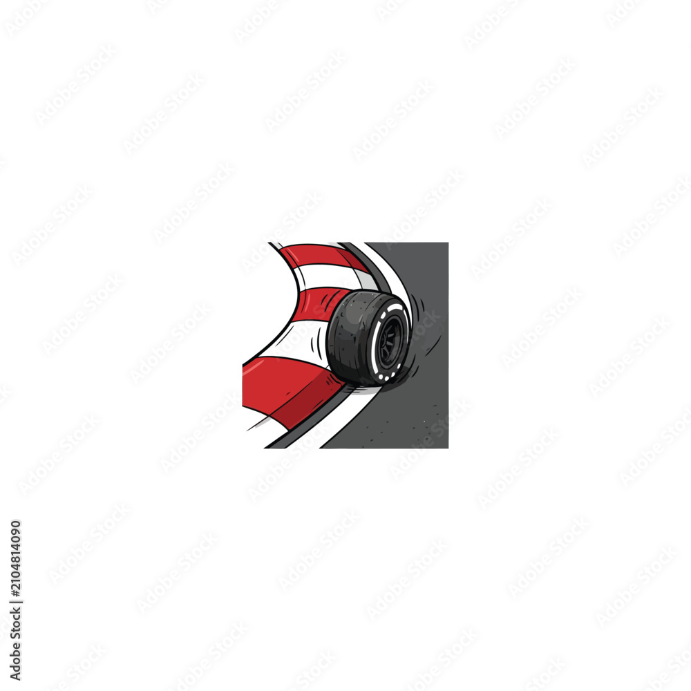Obraz premium Close-Up Of A Race Car Tyre Touching The Kerb On A Circuit With Dynamic Movement Effects, Illustrating Speed, Vector Illustration