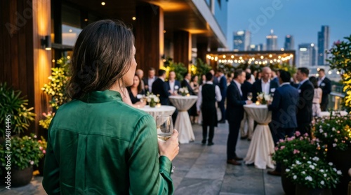 Woman enjoying a cocktail at an elegant rooftop networking event in the city.