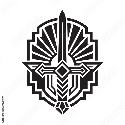 Art Deco Geometric Luxury Ornamental Vintage Sword Emblem and Shield Vector Design