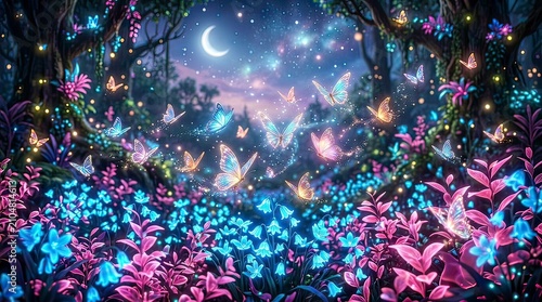 Enchanting Bioluminescent Fantasy Forest Under Moonlit Night with Glowing Butterflies and Magical Flowers