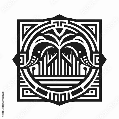 Art Deco and Art Nouveau Stylized Elephant Graphic Illustration in Black and White Geometric Frame Logo Design Template