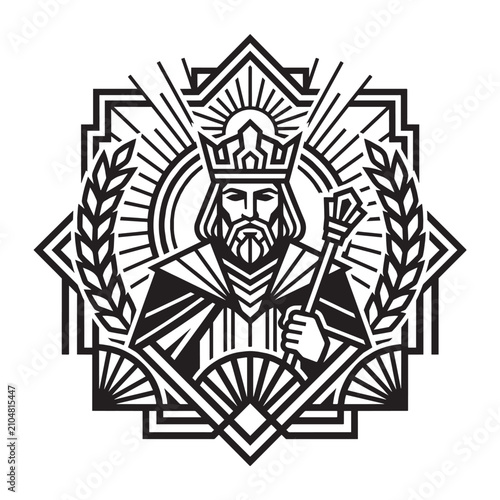 Art Deco Geometric Luxury Ornamental Vintage King Portrait - Royal Monarch with Crown and Scepter Vector Illustration