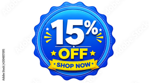 15 percent off blue sale badge. Promotional discount sticker for retail marketing.