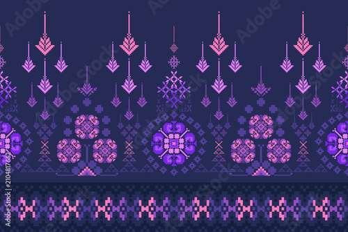 Modern Ikat ethnic seamless pattern with geometric traditional embroidery motif on dark blue background for textile fashion and home decor
