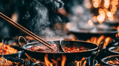 Hot pot cooking with steaming broth and ingredients in a traditional pot surrounded by festive lighting and vibrant food preparation atmosphere
