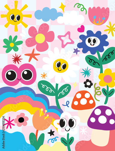 Colorful Retro Vector Illustration with Playful Cartoon Flowers and Sun