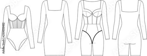 Elegant long sleeve bodysuit and corset unitard technical sketch featuring sweetheart neckline front and back views for fashion design template vector illustration
