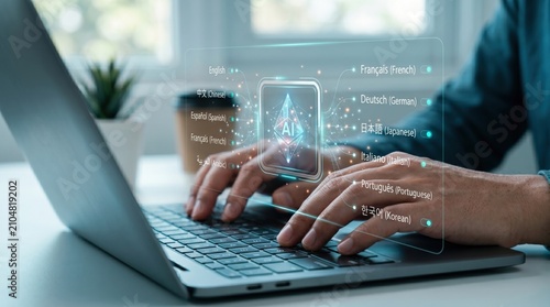 Artificial intelligence language translation software interface on laptop screen showing multiple languages including English, French, German and Asian scripts, global communica...