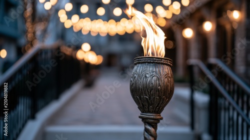 Vibrant Torch with Flame Illuminating Pathway Surrounded by Softly Glowing Lights in Outdoor Setting at Dusk