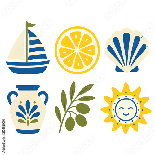 Summer Holiday Mediterranean Vacation Collection Featuring Sailing Boat and Lemon Fruit Icons