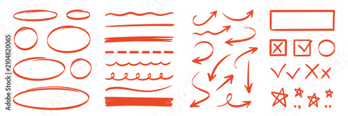Hand line arrow drawn set. Hand drawn line arrow underline pen marker check highlight red scribble. Star note memo sticker focus checkmark texture background. Vector illustration