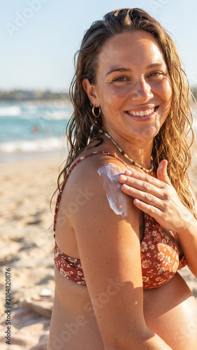 Premium Summer Sun Protection Concept Featuring Pregnant Woman Holding Sunscreen Bottle