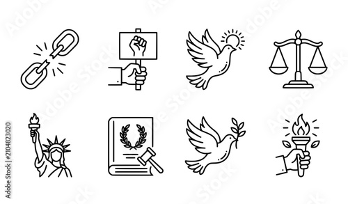 Freedom and civil rights thin line icon set editable stroke justice vector