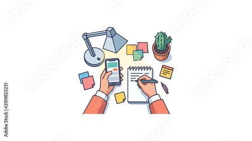 Person multitasking at desk with smartphone and notepad illustration