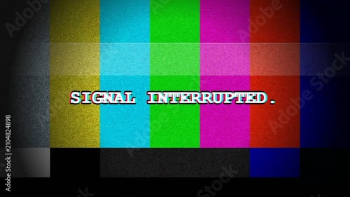 Signal interrupted text overlay on retro television color bars background