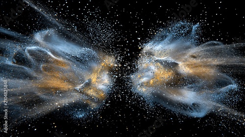 Abstract Cosmic Collision of Blue and Golden Particles on Black Background