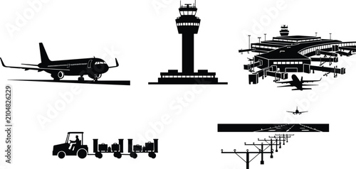 Cuadro en lienzo Airport Infrastructure Silhouette Collection with Airplane Control Tower Termina