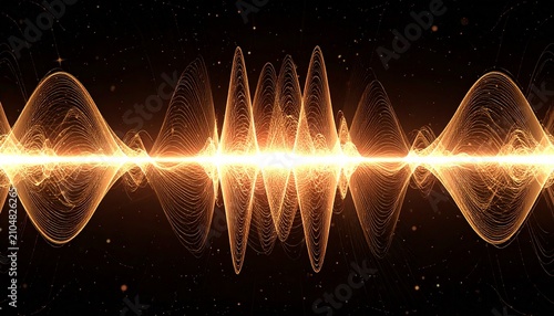 A sleek abstract golden waveform representing digital sound, communication signals, energy transmission, and futuristic technology. Ideal for multimedia, innovation, telecommunications.
