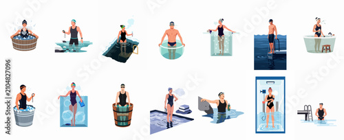 Collection of illustrations showing diverse people practicing cold water immersion, ice baths, and winter swimming for health, recovery, and wellness benefits.