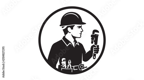 Plumber with hard hat inspecting pipe. Skilled tradesperson performing maintenance or repair work.