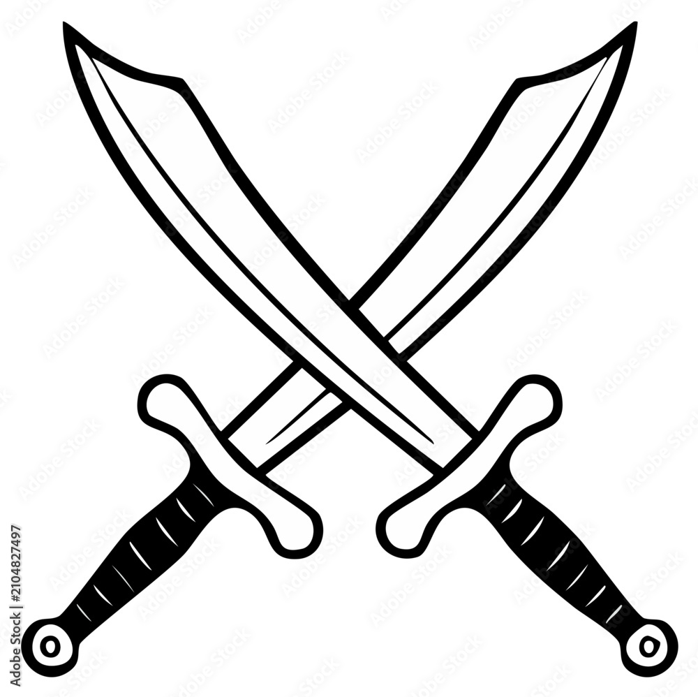 Fototapeta premium Crossed Swords Black and White Outline Drawing Two Decorative Weapons Illustration Symbol of Conflict and Battle for Design