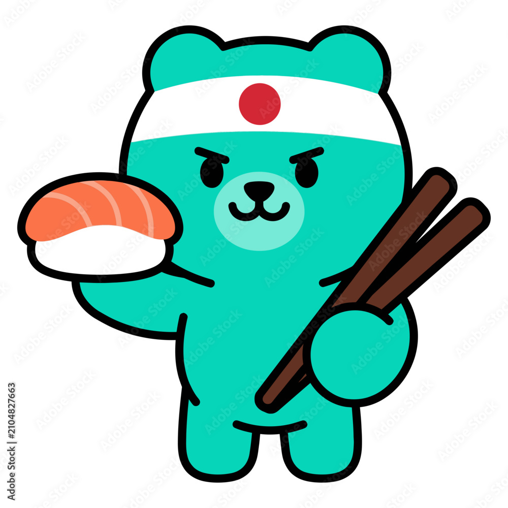 Obraz premium A delightful aesthetic illustration featuring a cute, vibrant gummy bear character joyfully presenting delicious sushi and traditional chopsticks, embodying a playful jelly-like charm