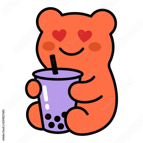 A charming Gummy bear character with heart eyes joyfully embraces a delicious Jelly beverage, embodying a delightful and sweet Aesthetic vibe
