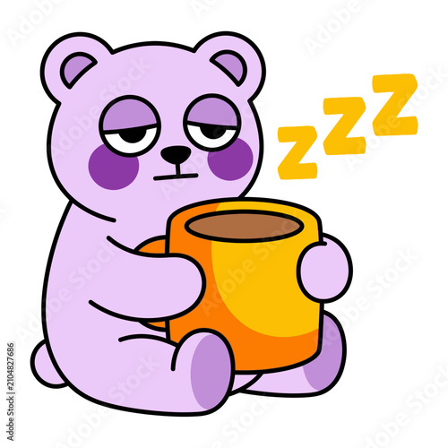 Adorable Gummy Jelly Bear Character Feeling Sleepy, Sipping Hot Beverage with Zzz Symbols, a Cute Aesthetic Morning Illustration Design