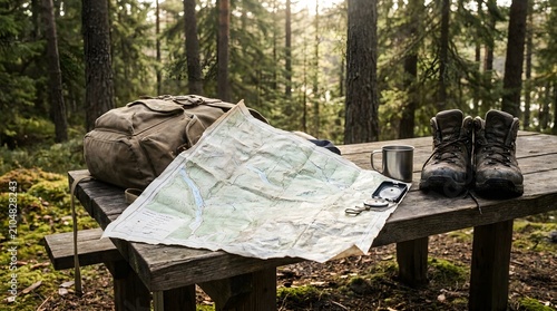 Outdoor Hiking Gear on Wooden Table with Map Boots Mug in Forest