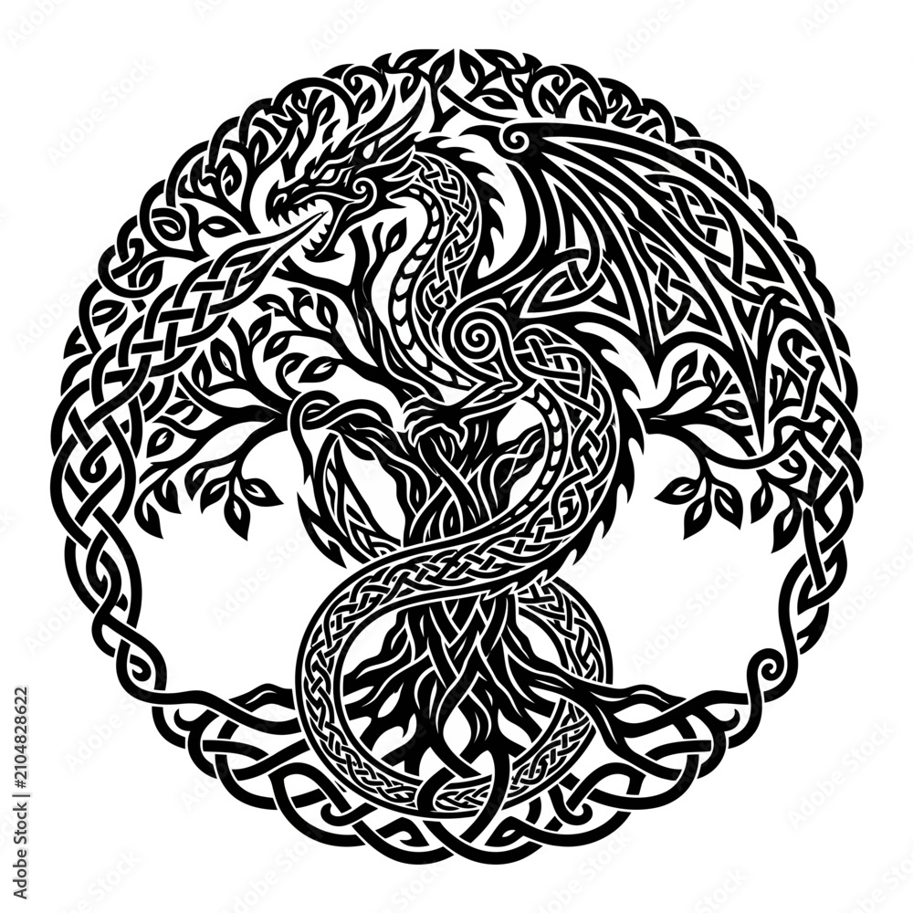 Fototapeta premium Dragon and Tree of Life, Celtic Knotwork Graphic