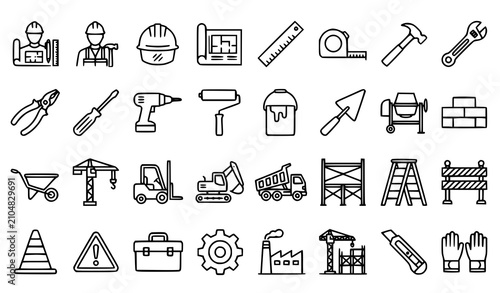 Editable construction line icon collection featuring building architecture engineering and renovation symbols on transparent background