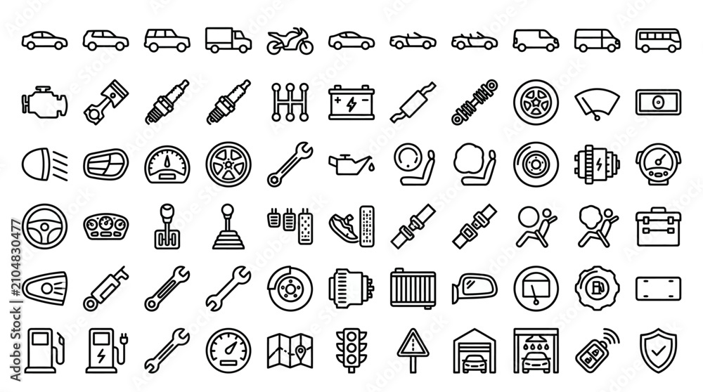 Naklejka premium Automotive Icons Set: Car Parts, Vehicles, Tools, and Driving Elements Collection