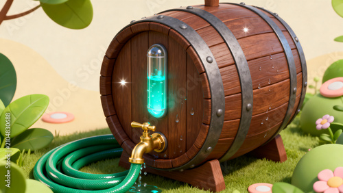 Cartoon-style wooden rain barrel with a glowing level indicator, a gold-colored brass faucet, and a green hose on stylized sunny backyard grass.