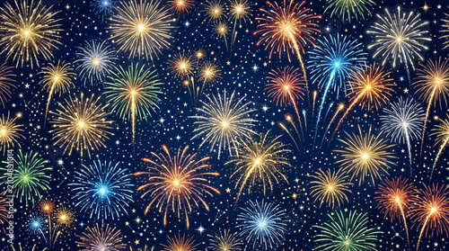 Colorful Fireworks Display on Dark Night Sky, Festive Celebration Background