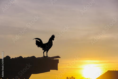 Silhouette rooster standing on roof house on morning sky background