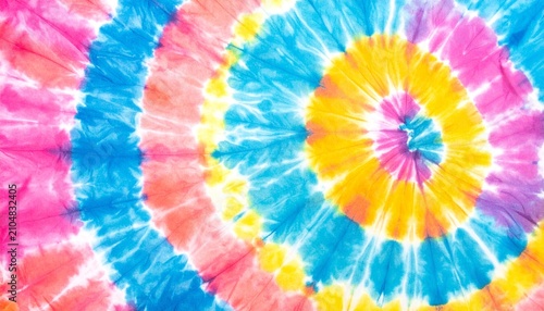 A cheerful tie-dye spiral featuring bold rainbow colors in a dynamic circular pattern. Ideal for textile prints, fashion, summer events, festival branding, youth culture.