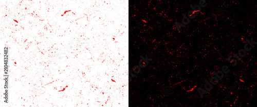 Distressed red splatter texture on white and black background, vintage grunge overlay effect, abstract paint speckles and weathered grain surface