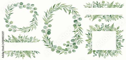 Watercolor floral illustration set - green leaf Frame collection, for wedding stationary, greetings, wallpapers, fashion, background. Eucalyptus, olive, green leaves, etc. High quality illustration