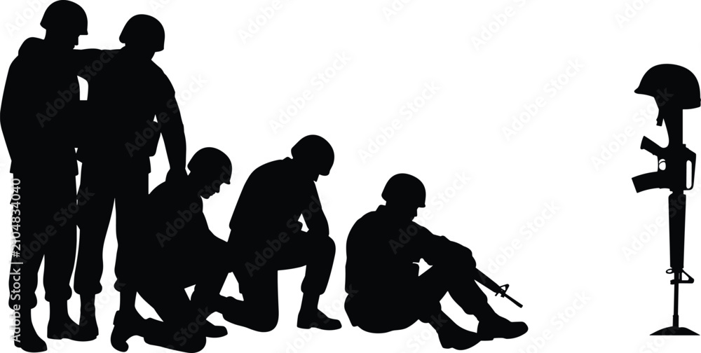 Obraz premium Military Soldier Silhouette Collection with Battlefield Memorial and Tactical Service Vector Set