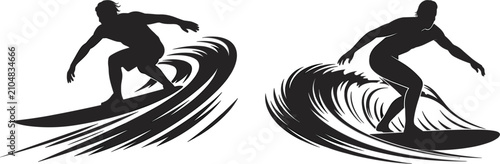 Photography Dynamic surfing athlete silhouettes, ocean wave sport action illustration for ad