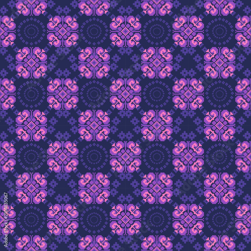 Modern Ikat floral mandala seamless pattern with traditional embroidery geometric motif on dark blue background for luxury textile fashion and home decor