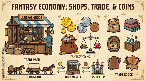 Cuadro en lienzo Fantasy Economy: Shops, Trade, Coins, and Goods - Pixel Art