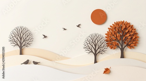 Minimalist paper craft autumn landscape featuring layered hills and silhouette trees with flying birds under a warm sun for seasonal design with minimalist artistic style