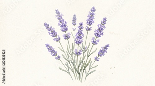 Delicate watercolor illustration featuring a charming bunch of fresh lavender stems arranged elegantly against a soft textured off white background for artistic decor use