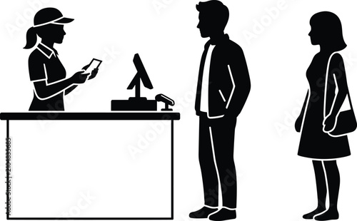 Retail Checkout Counter Silhouette with Cashier and Customers Queue Vector Illustration