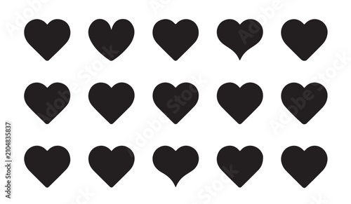 Heart icons collection set with various silhouette shapes isolated on white background for romantic decoration.
