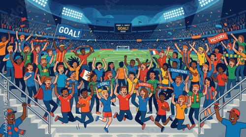 Excited Crowd Cheering at Football Match, Goal Celebration, Stadium Spectators