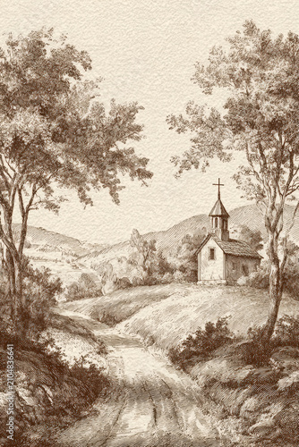 Vintage Blue Ink Landscape Illustration with Rural Church. AI generative.