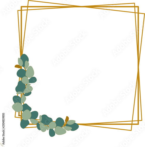 Elegant gold geometric frame with eucalyptus leaves border on white background, modern botanical design element
