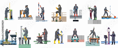 Foto Set of illustrations featuring environmental scientists in hazmat suits conducting water quality monitoring, level measurements, and industrial safety checks in coastal areas